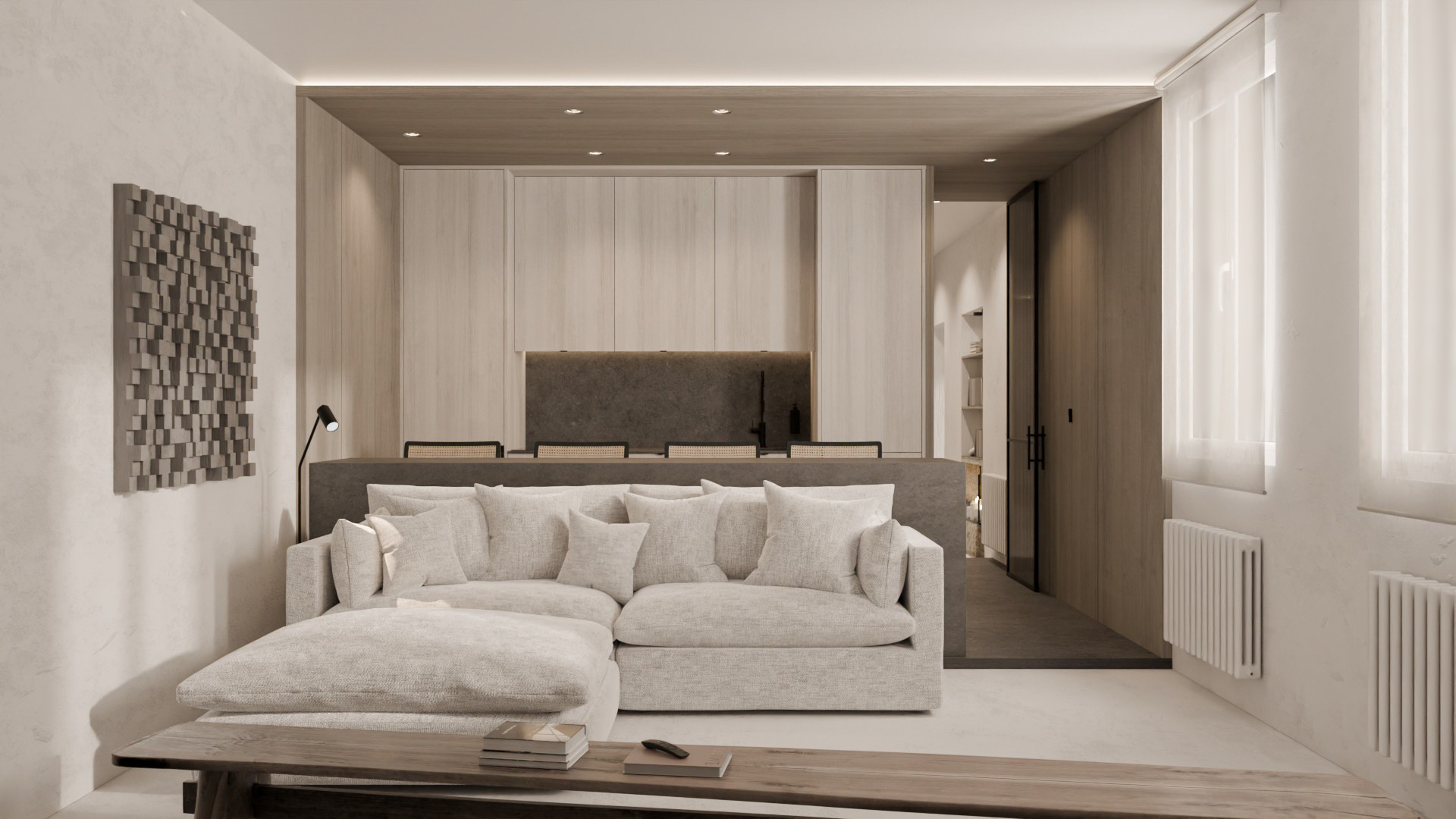Salón contemporáneo del proyecto Bordadores, con sofá claro y cocina integrada